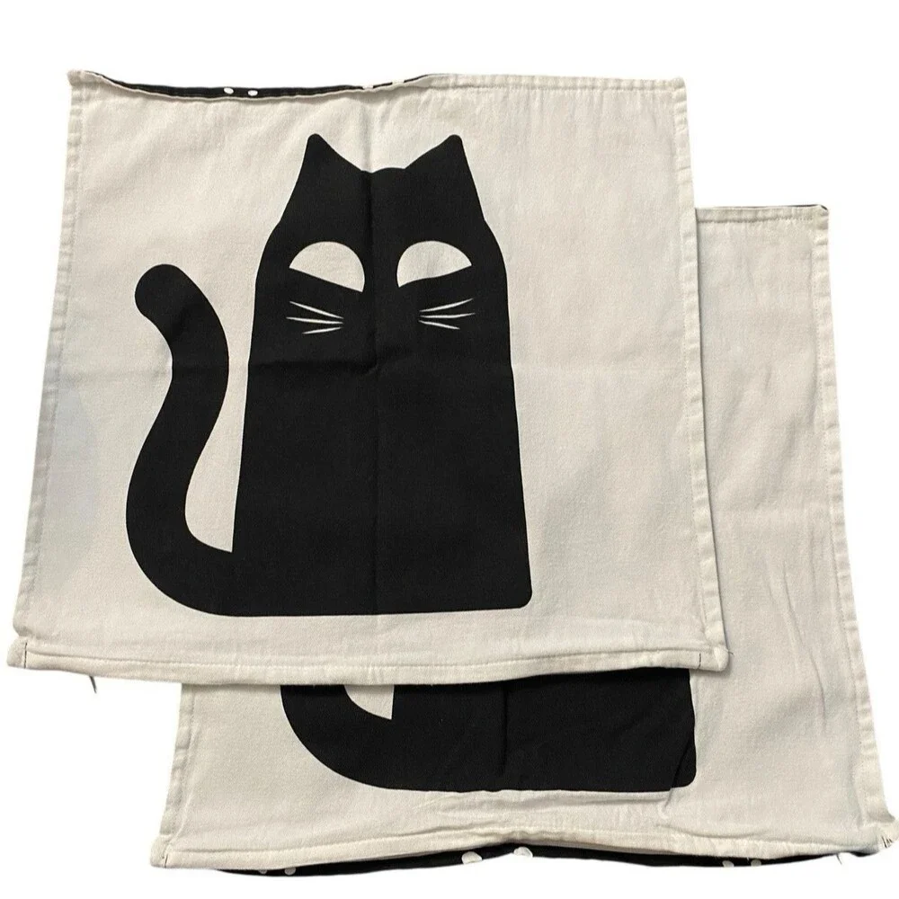 2 x Ikea KUSTFYR Pillow Cushion Cover, Cotton White/Black Cat Pattern 20